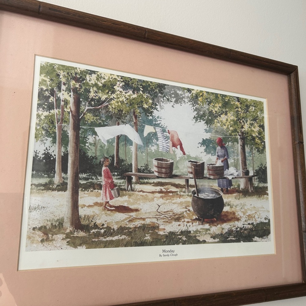 Vintage Art print “Monday” by Sandy Clough. Professionally framed at purchase.